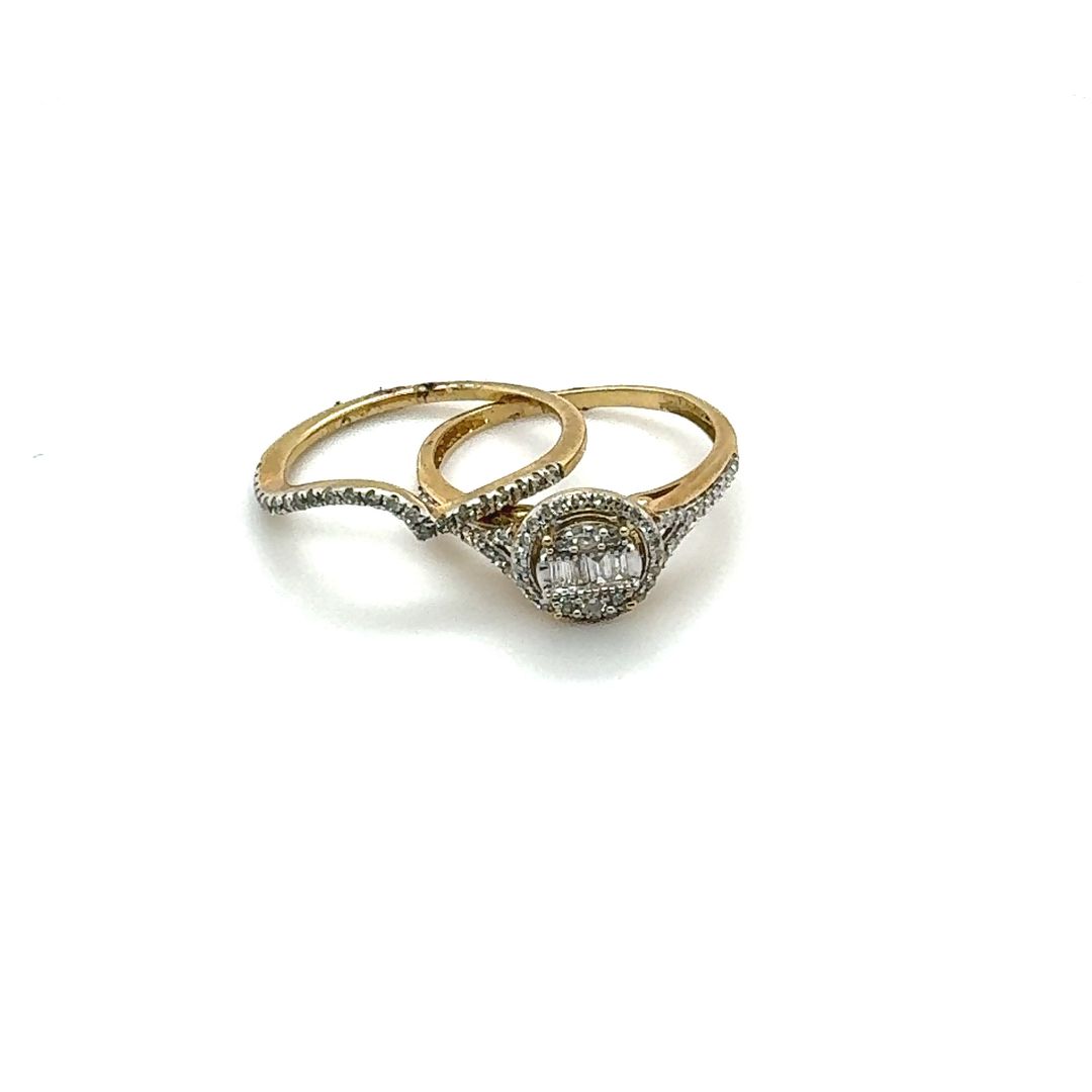 10K Vintage Halo Baguette Diamond Bridal Set