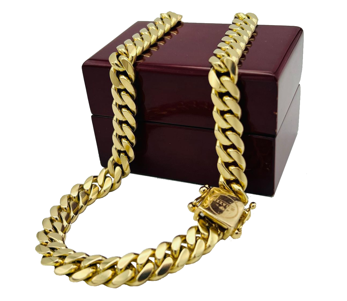 A cuban link chain on the top of the a jewelry box